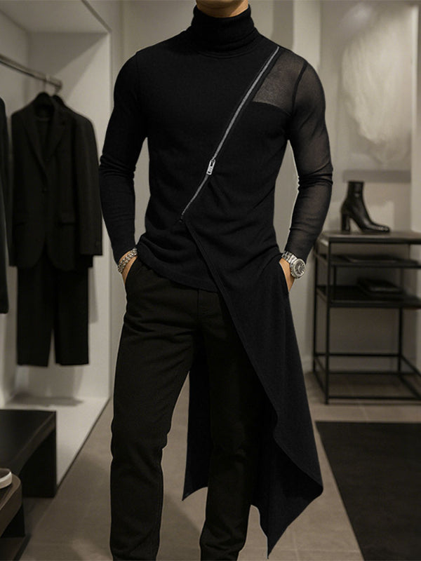 Men's One Side Long Hem Sheer Mesh Long Sleeve T-Shirt SKUL26092