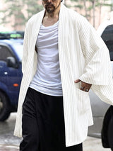 Men's Japanese Zen Striped Patch Pocket Open Front Wide Sleeve Cardigan SKUL72503