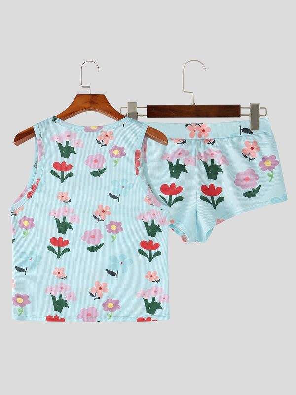 Men's Avant-Garde Dopamine Floral Print Deconstructed Metal Buckle Two Pieces Outfit SKUL69539