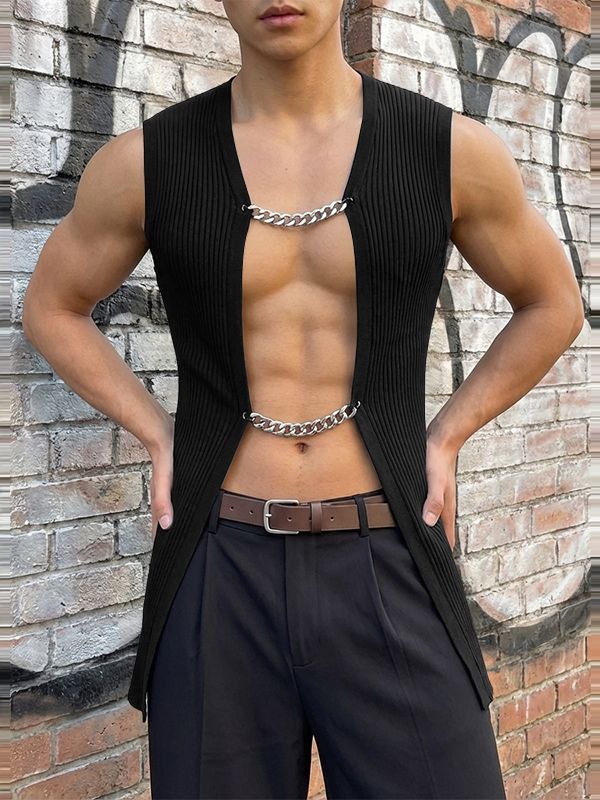 Men's Metal Chain Closure Sleeveless Longline Cardigan SKUL56550