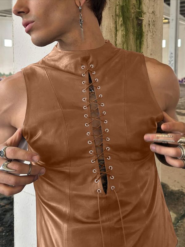 Men's Goth Punk Streetwear Faux Leather Lace Up Front Slim Fit Mock Neck Tank SKUL66977