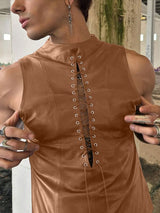 Men's Goth Punk Streetwear Faux Leather Lace Up Front Slim Fit Mock Neck Tank SKUL66977