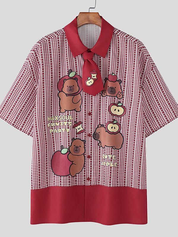 Men's Cartoon Print Plaid Short Sleeve Shirt SKUL50069