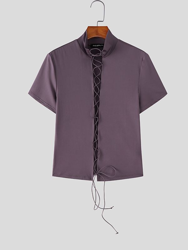 Men's Avant-Garde Full Lace-Up Front Slim Fit Mock Neck Short Sleeve T-shirt SKUL56149