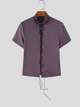 Men's Avant-Garde Full Lace-Up Front Slim Fit Mock Neck Short Sleeve T-shirt SKUL56149