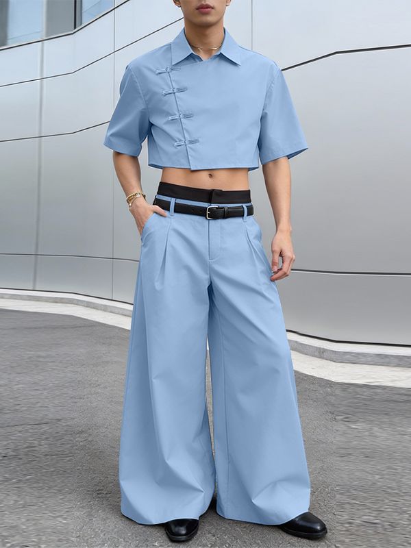 Men's Solid Color Asymmetric Frog Button Two Pieces Outfit SKUL57171