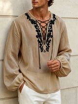 Men's Retro Resort Floral Embroidery Lace-Up Lantern Long Sleeve V-Neck Shirt SKUL79730