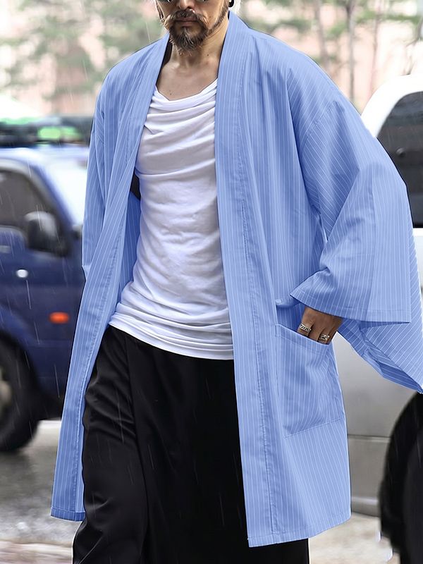 Men's Japanese Zen Striped Patch Pocket Open Front Wide Sleeve Cardigan SKUL72503