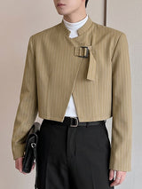 Men's Avant-Garde Pinstripe Stand Collar Asymmetrical Buckle Cropped Blazer SKUL77994