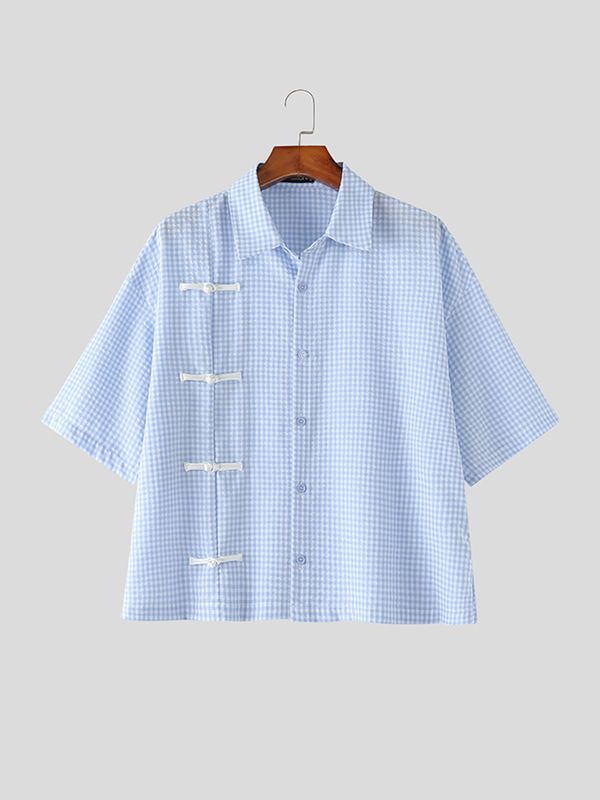 Men's Plaid Frog Button Short Sleeve Shirt SKUL56148