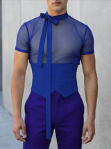 Men's Sheer Mesh Elongated Ribbon Tie Short Sleeve T-shirt SKUL56286