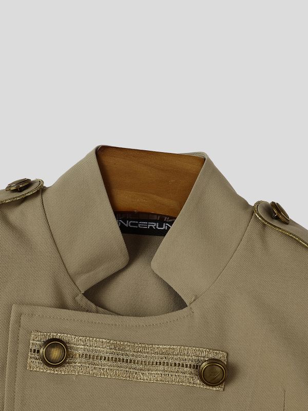Men's Retro Stage Performance Military Frog Button Epaulet Pointed Hem Sleeveless Stand Collar Waistcoat SKUL84566
