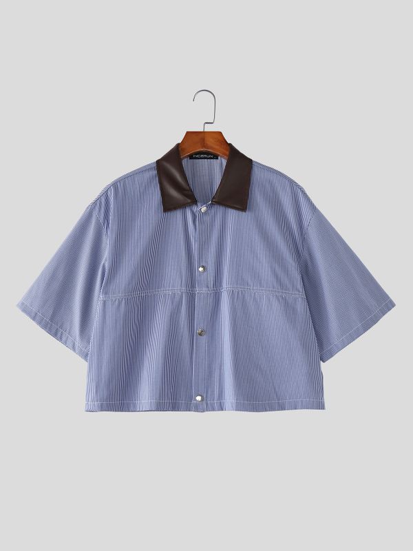 Men's Striped Utility Cropped Short Sleeve Shirt SKUL58669