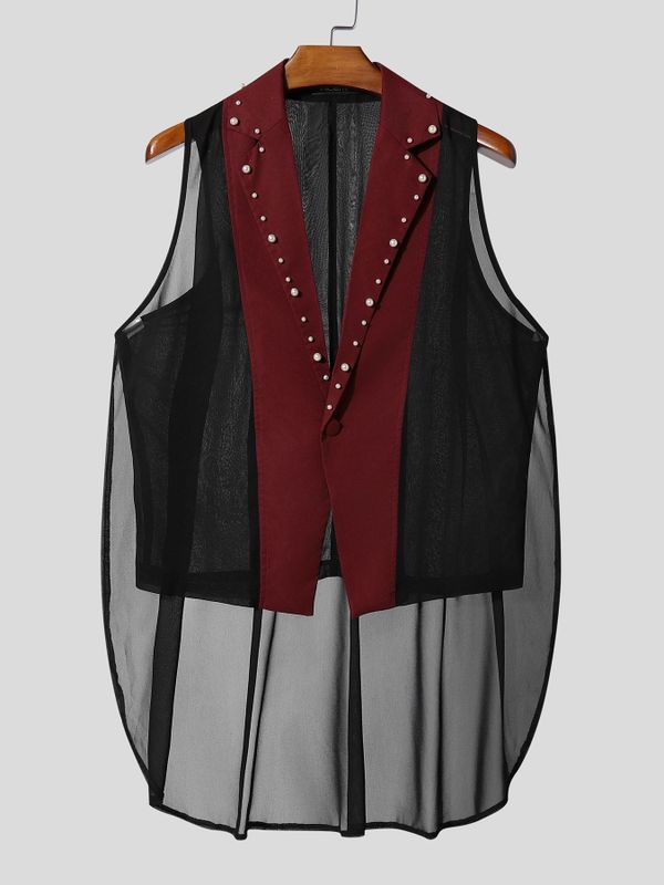 Men's Avant-Garde Studded Lapel Sheer Mesh High-Low Tuxedo Blazer SKUL63810