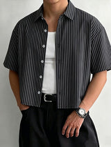 Men's Trendy Casual Lightweight Vertical Striped Boxy Cropped Short Sleeve Shirt SKUL68346