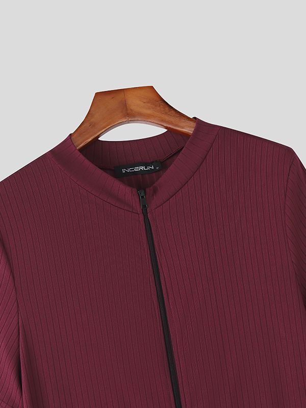 Men's Solid Color Textured Zipper Short Sleeve Bodysuit SKUL48695