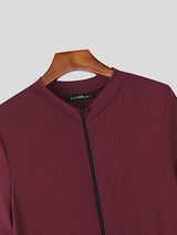 Men's Solid Color Textured Zipper Short Sleeve Bodysuit SKUL48695