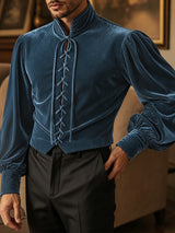 Men's Retro Aristocratic Velvet Lace-Up Mandarin Collar Poet Shirt SKUL80559