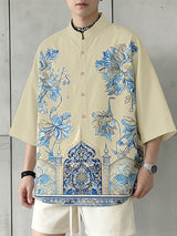 Men's Neo-Chinese Mandrin Collar All-Over Architectural Chrysanthemum Print Short Sleeve Shirt SKUL68399