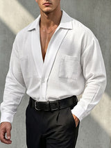 Men's Retro Urban Casual Textured Patch Pocket Drop Shoulder Long Sleeve Camp Collar Shirt SKUL81830