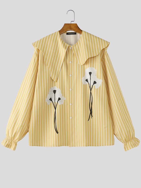 Men's Floral Print Striped Asymmetric Collar Long Sleeve Shirt SKUL50834