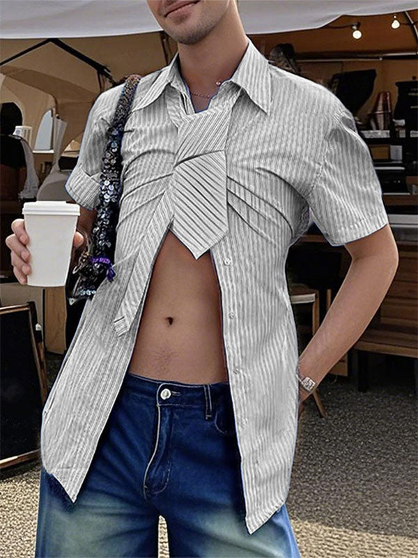 Men's Striped Tie Short Sleeve Shirt SKUL21158