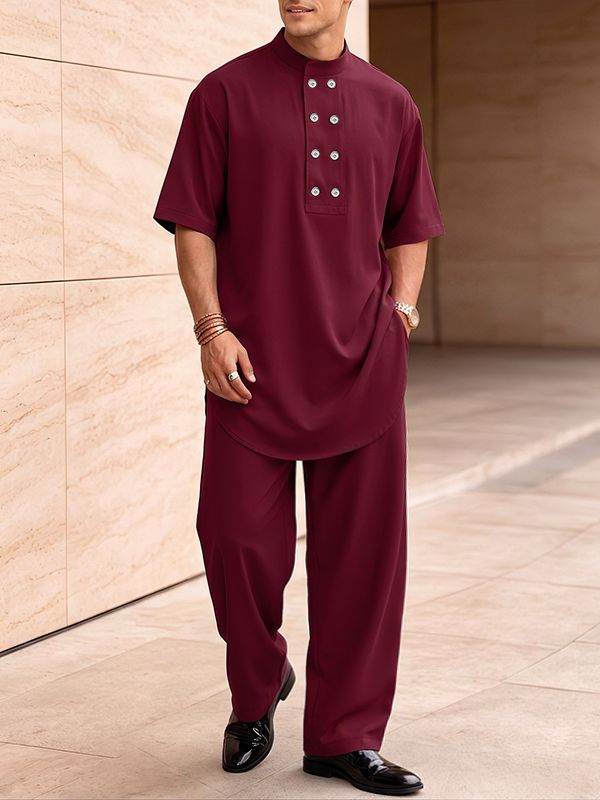 Men's Elevated Resort Wear Neo-Traditional Double-Breasted Two Pieces Outfit SKUL79743