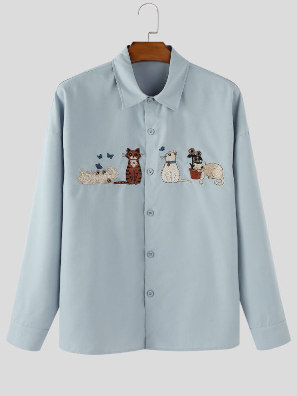 Men's Animal Embroidered Textured Long Sleeve Shirt SKUL28169