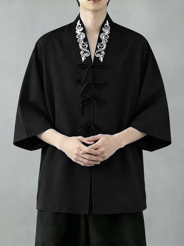 Men's New Chinese Style Print V-Neck Tie-Front Cardigan SKUL62028