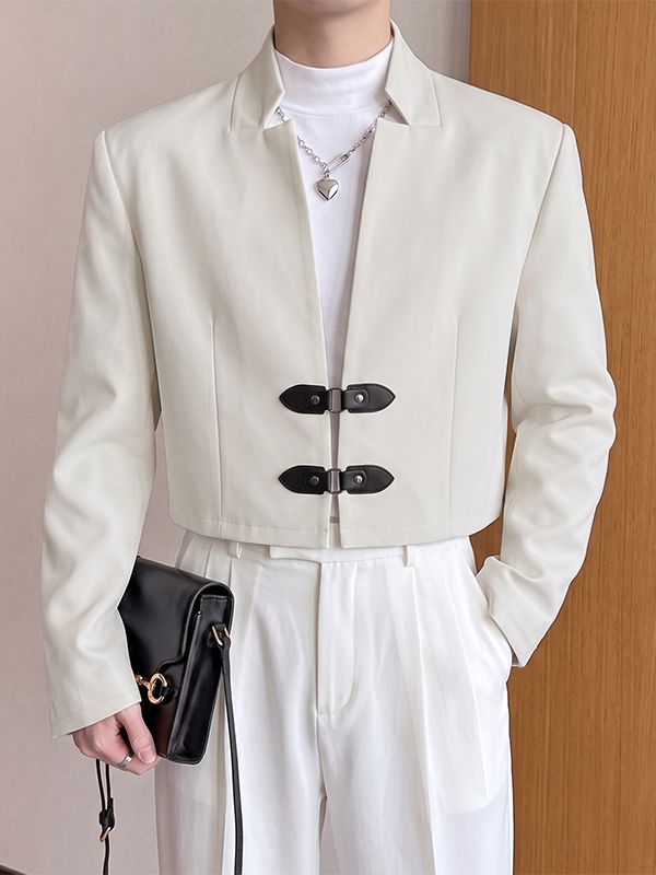 Men's Smart Chic Evening Gala Double Leather Buckle Notch Neckline Cropped Blazer SKUL86648