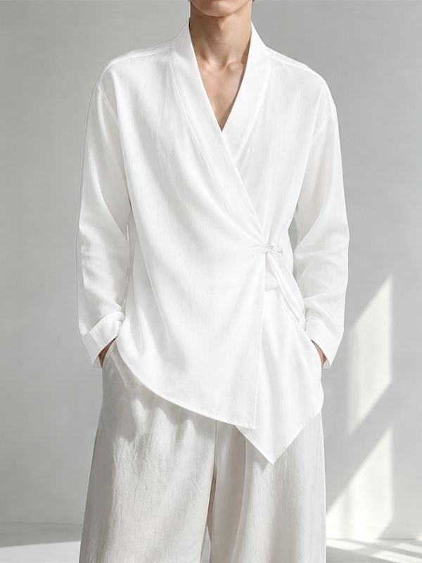 Men's Retro Resort Cross Wrap Asymmetrical Hem Side Button Long Sleeve V-Neck Cardigan SKUL77326
