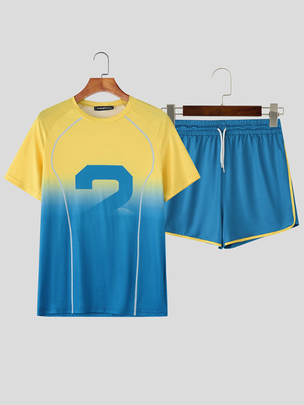 Men's Number Print Gradient Casual Two Pieces Outfit SKUL16791