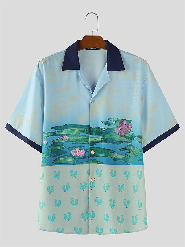 Men's Lotus Print Color Block Short Sleeve Shirt SKUL16812