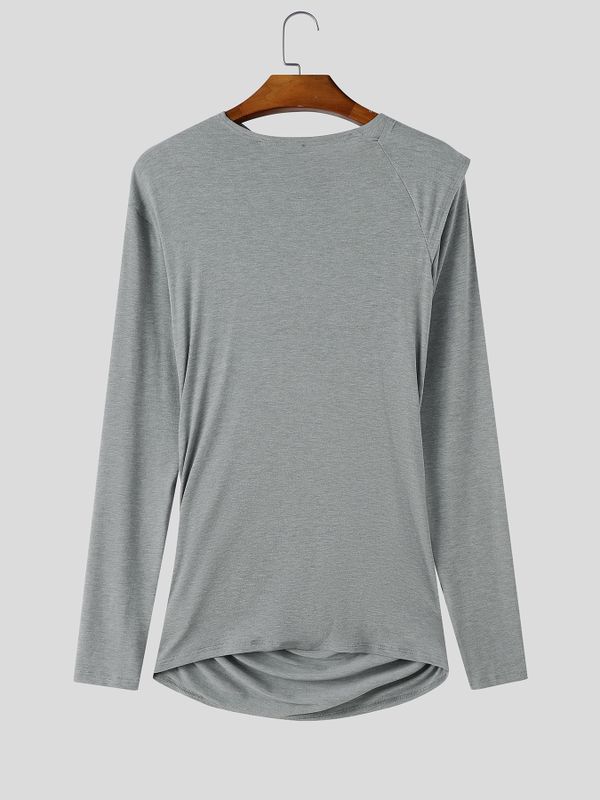 Men's High Street Urban Casual Shirred Wrap Metal Accent Long Sleeve Slash Neck T-shirt SKUL81733