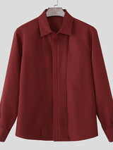Men's Solid Color Pleated Long Sleeve Shirt SKUL42703