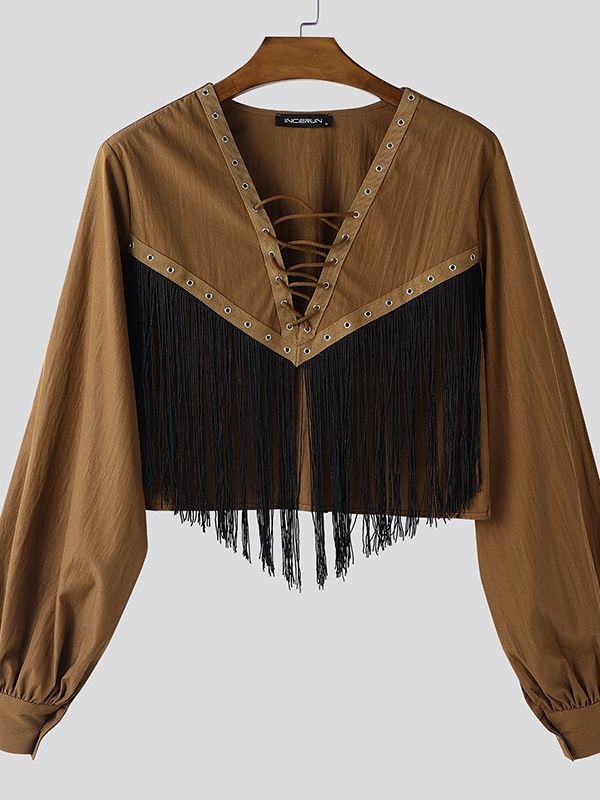 Men's Tassel Patchwork Cropped Long Sleeve T-shirt SKUL47932