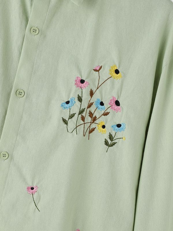 Men's Romantic Avant-Garde Floral Embroidered Boxy Cropped Long Sleeve Shirt SKUL78989