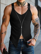 Men's Avant-Garde Ribbed Double-Zipper Buckle Strap Asymmetrical Hem Tank SKUL61891