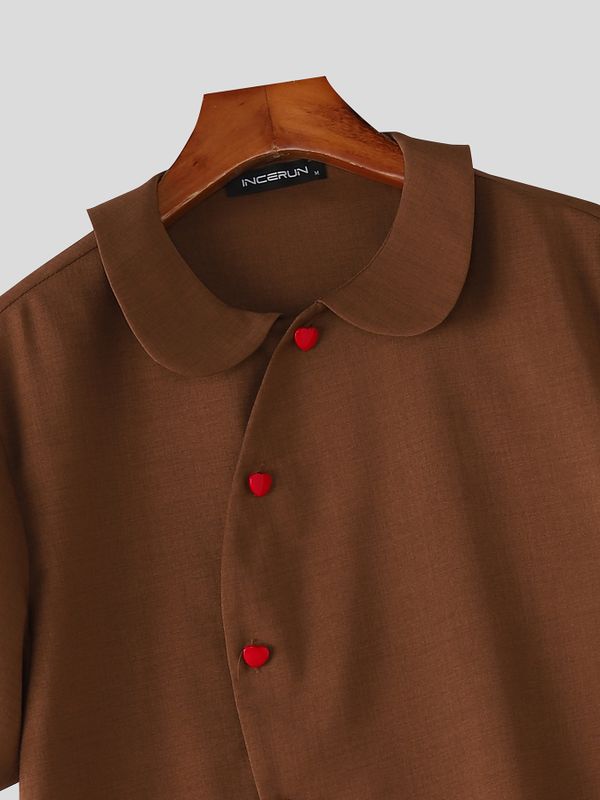Men's Asymmetrical Slanted Placket Heart-Button Round Collar Shirt SKUL59567