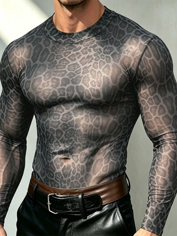 Men's Sexy Clubwear Sheer Leopard Pattern Second Skin Muscle Fit Long Sleeve Crew Neck T-shirt SKUL82464