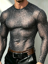 Men's Sexy Clubwear Sheer Leopard Pattern Second Skin Muscle Fit Long Sleeve Crew Neck T-shirt SKUL82464