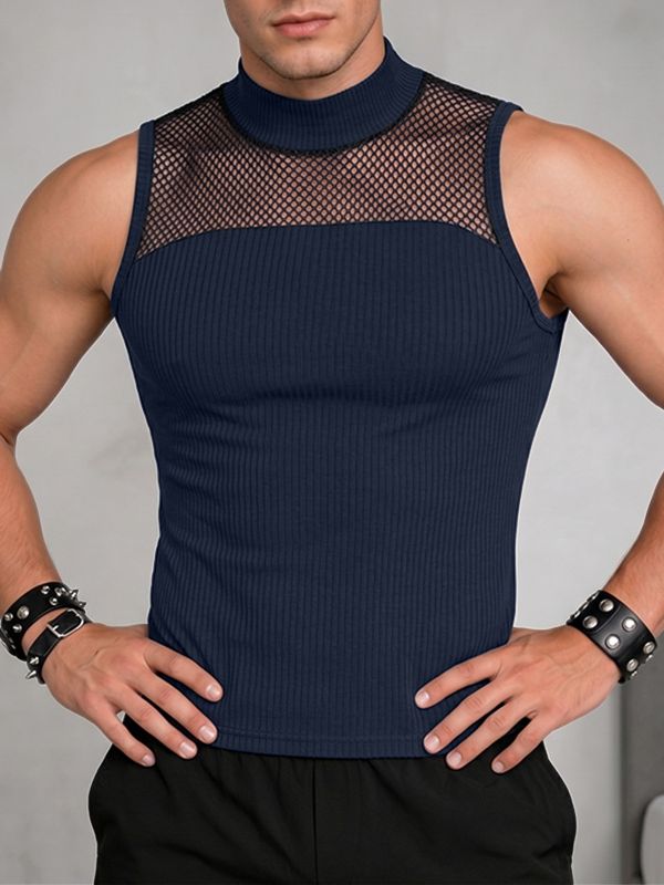 Men's Avant-Garde Mock Neck Mesh Patchwork Deconstructed Fitted Tank SKUL73728
