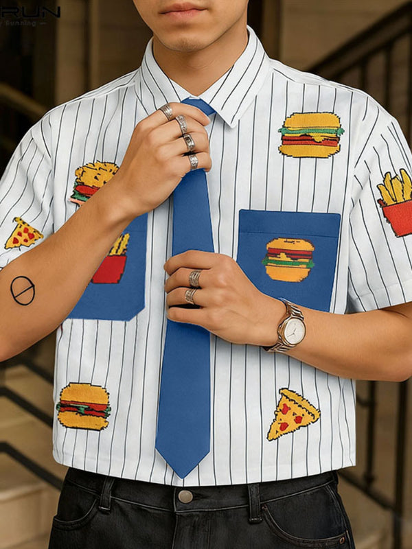 Men's Fun Print Color Block Striped Short Sleeve Shirt SKUL35037