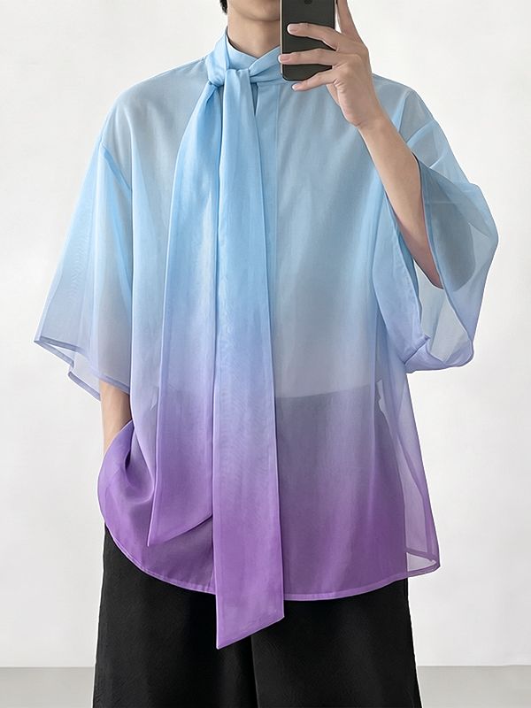 Men's Elegant Romantic Gradient Sheer Tie Neck Wide Sleeve Shirt SKUL66215