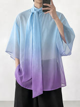 Men's Elegant Romantic Gradient Sheer Tie Neck Wide Sleeve Shirt SKUL66215