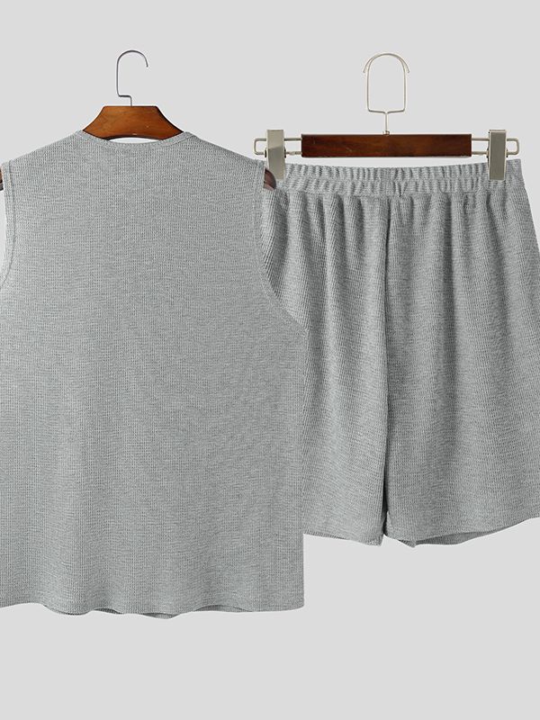 Men's Minimalist Textured Casual Two Pieces Outfit SKUL45251