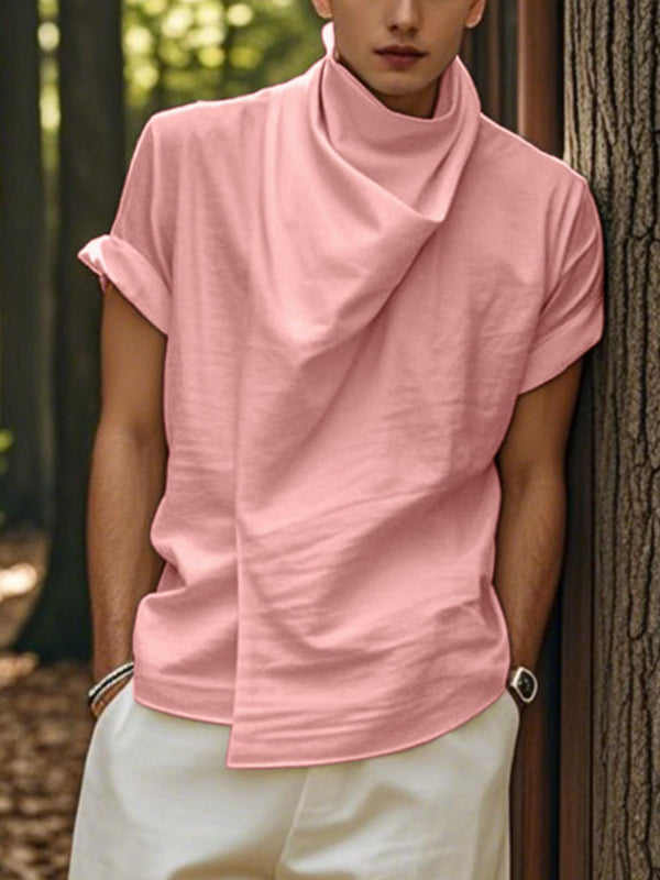 Mens Solid Color Casual High Neck Short Sleeve T-Shirt SKUL18988