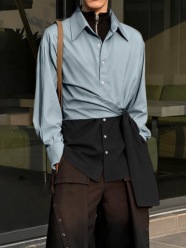 Men's Color Block Twist Tie Long Sleeve Shirt SKUL37294