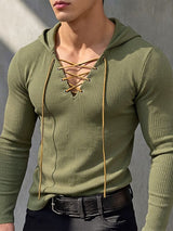 Men's Early Autumn High Street Grommet Drawstring Rib-Knit Long Sleeve T-shirt SKUL81819