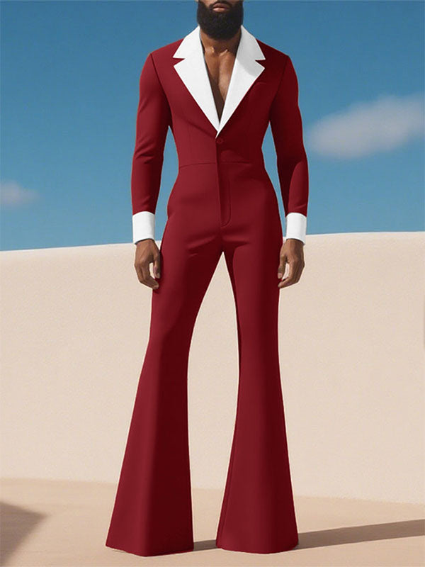 Men's Colorblock Flared Long Sleeve Jumpsuit SKUL23886